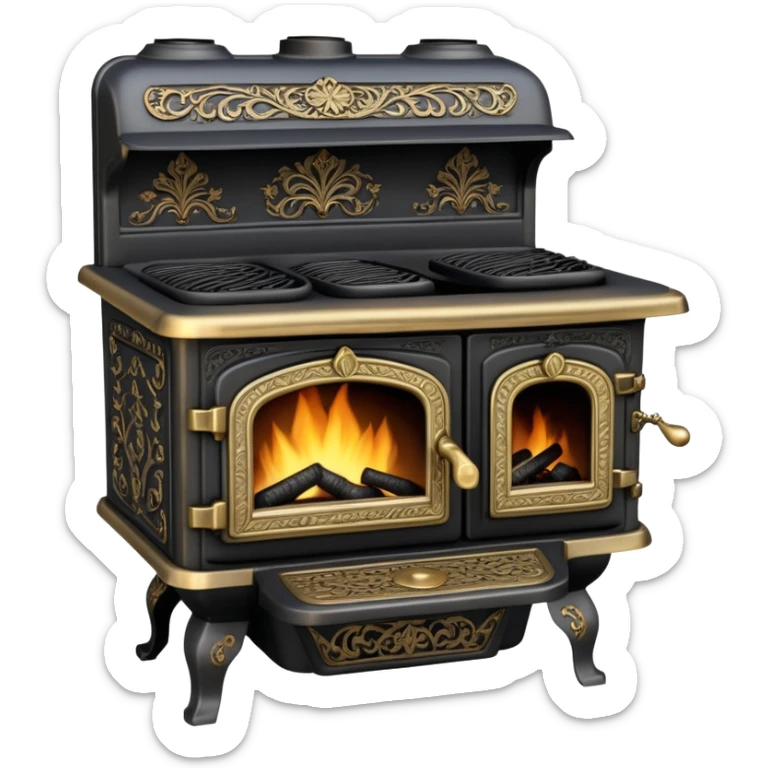 An antique cast iron coal stove from the 1900s with ornate details, small fire visible inside, black metal with brass accents sticker