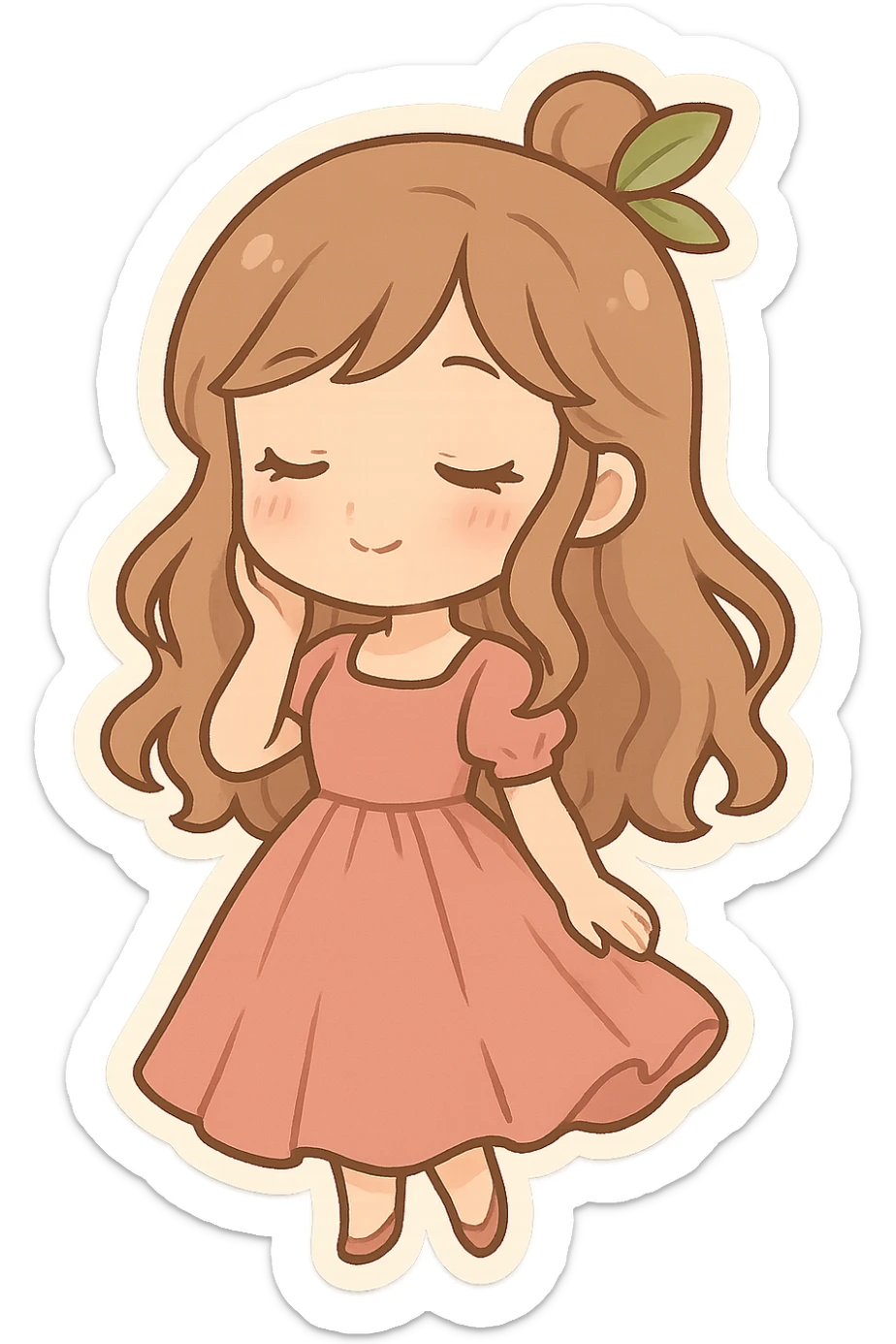 A cute and minimalist sticker of a girl with a pink dress, elegant and girly mood, color palette includes pink, beige, and green. sticker