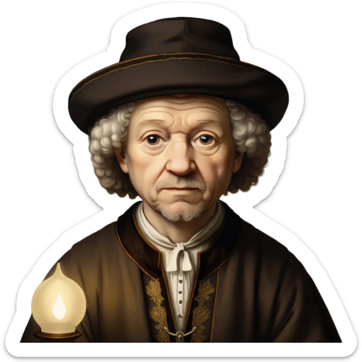 Cinematic Realistic portrait of Rembrandt, shown as a master artist with deep, introspective eyes and richly detailed period clothing, rendered with dramatic chiaroscuro lighting that emphasizes his legacy sticker