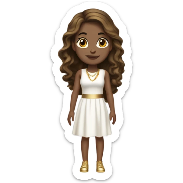 do a white girl but not too white with dark honey hair dark eyes and gold jewelry, full body legs arms and a white dress sticker