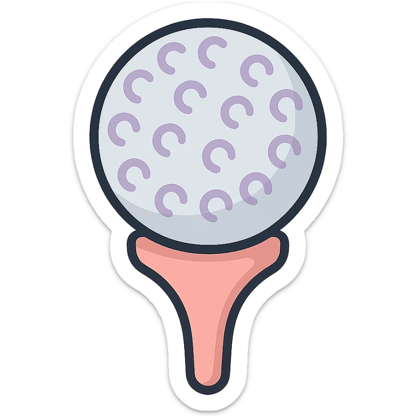 close-up of golf ball on a tee stand, icon-color-outlined style, detailed shading, thin clean outlines, soft rounded features, pastel palette #98B5BC #B5B3C1 #C9A3C9 #E4C0CA #F7DCD1 #F7C0AA, Japanese pop art, sticker look, highly detailed, vector clarity, soft lighting, subtle shadows, transparent background sticker