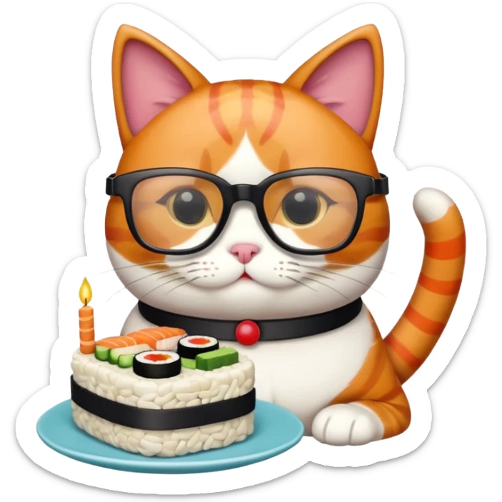 cat with cool square shaped glasses eating a birthday cake made out of sushi sticker