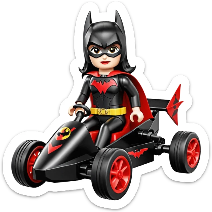 Hot full size real size-appearance electric road racing sexy BatWoman’s feminine midnight-colored tight outfit sixty’s tv show Lego dark stealthy sporty safe plush petite off-road pursuit cruiser car rose gold accents (black hair,reclined and relaxed torso and shoulders seating position) go kart  sticker