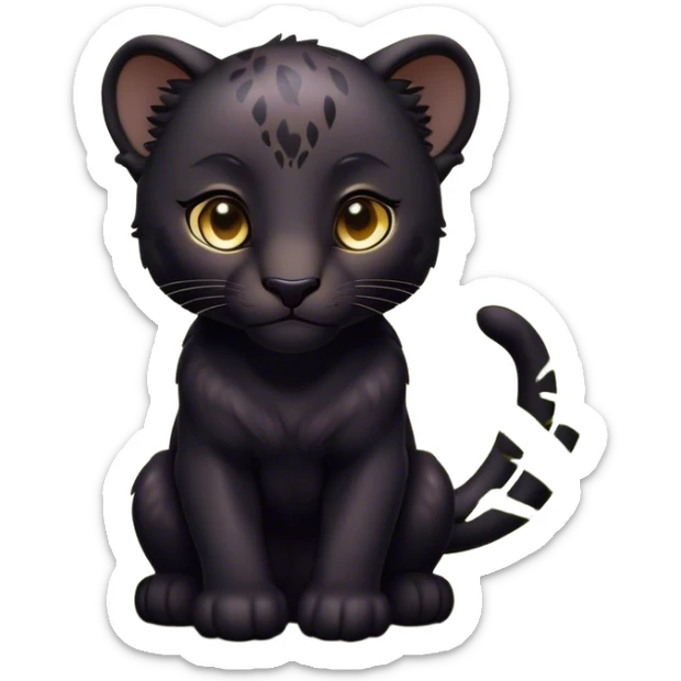 Cinematic Noble Baby Panther Portrait Emoji, Poised with a touch of regal innocence, featuring a compact, sleek build with soft, dark fur and large, soulful eyes, Simplified yet sharp and sophisticated features, highly detailed, glowing with a gentle, mysterious glow, high shine, intelligent and endearing, stylized with an air of youthful authority, focused and attentive, soft glowing outline, capturing the essence of a tiny jungle guardian that appears ready to pounce out of the screen with effortless charm! sticker