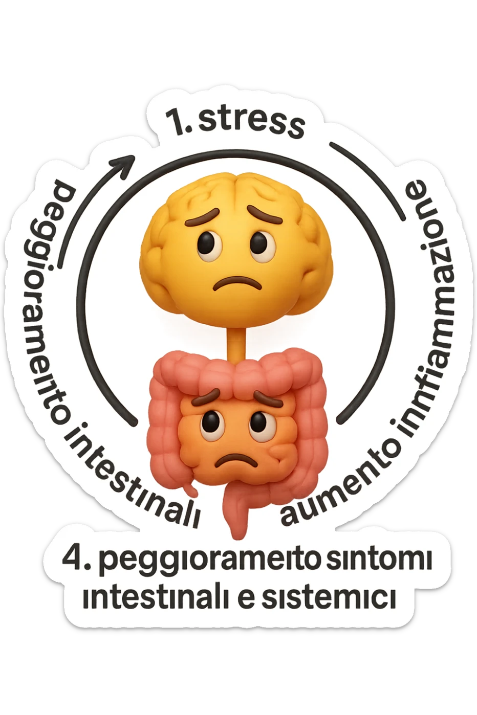 EMOJI STILE IPHONE 3D DI un cerchio con queste scritte che girano intorno in ordine per come li ho scritti "1. stress → 2. peggioramento intestinale → 3. aumento infiammazione → 4. peggioramento sintomi intestinali e sistemici." al centro del cerchio metti un cervello e intestino umani collegati verticalmente con espressione dubbiosa in volto, FALLO MOLTO REALISTICO IN 3D sticker