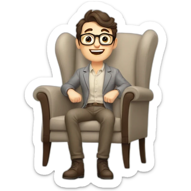 Joyful Celebrating victory Pale skinned Fit Man With dark brown hair in gray jacket, beige office shirt, Brown pants and vintage glasses sitting In a soft chair sticker