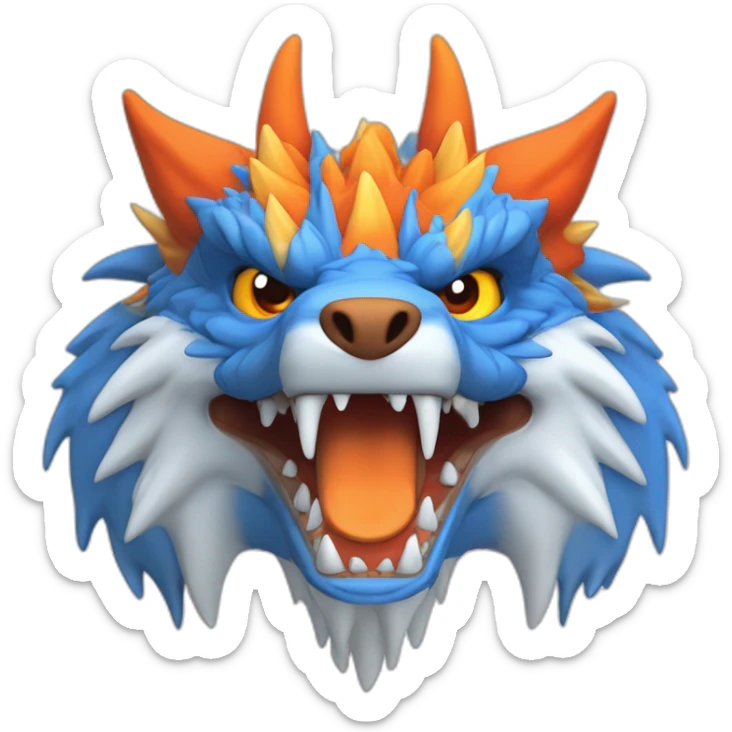 Un dragon mi loup de couleur rouge, bleu, blanc et orange moutardes, avec des corne orange moutard. Il qui crache du feux sticker