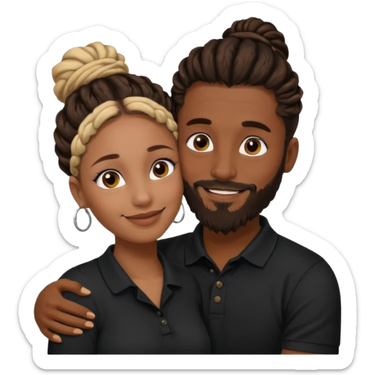 Couple emoji: smiling woman with brown skin, nose ring, makeup, hugging man with dark skin, beard, dreadlocks in a bun, wearing black polo. Warm, loving vibe. sticker