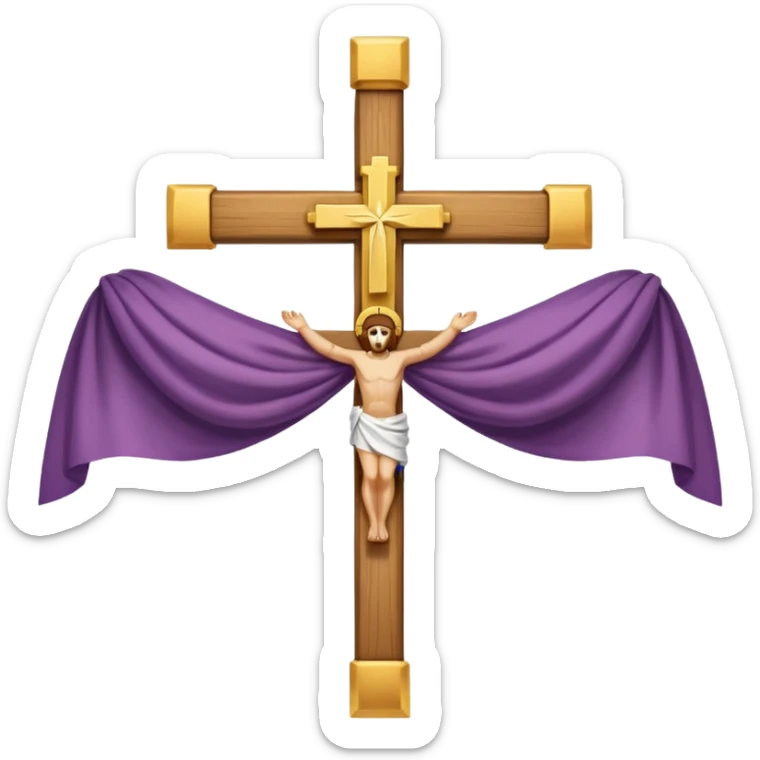 Cross made of wood, the top of the tip of the cross, a golden cross, and a white cloth hanging over the two arms of the cross sticker