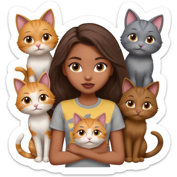 a pretty bratz dusky girl with long brown hair with six cats nd wearing a grey tshirt sticker