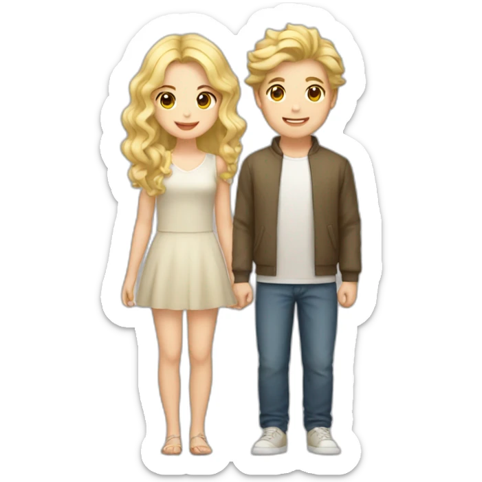 blonde wavy hair girl, japanese tan boy, couple sticker