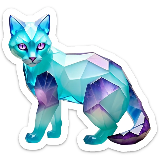 This fascinating hybrid creature combines the rocky ferocity of Boulderbite with the mystical elegance of Etherfeline. The result is a creature with a core body composed of angular, faceted stones in varying shades of turquoise, pink and gray. From the cracks between these stones emanates a soft blue ethereal glow. It has the general shape of a feline, but with crystalline rock formations creating its limbs and body. Its large, expressive eyes feature purple irises with amber outer rings, giving it a hypnotic gaze. The creature sports pointed ears lined with purple crystal formations, and a tuft of blue flame-like energy flows from its head and along its spine. Its tail is a flexible chain of smaller rocks wrapped in the same ethereal blue energy. When it opens its mouth, sharp crystalline teeth are revealed, though its expression is more mysterious than threatening. Small whisker-like energy tendrils extend from its muzzle, occasionally emitting tiny ice crystals. full body sticker