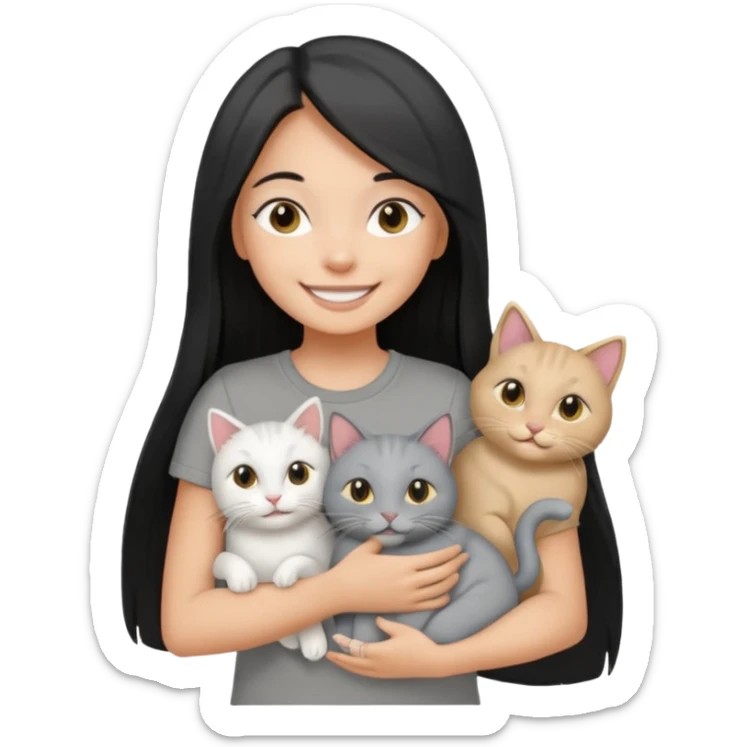 a pretty tan bratz girl with black long straight hair, wearing a grey tshirt smiling and holding 3 white cat\ sticker
