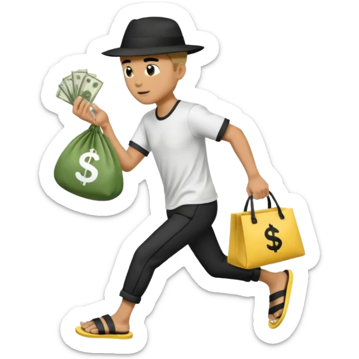 Make a man wear a black pant and he shirt is balck line and white line and wear a black hat and he holding a money bag and he running he wear a black eye thing no money in the Left hand and he yellow and the money bag in the right he wear a flip flop like this is Money bag 💰 NO MONEY sticker