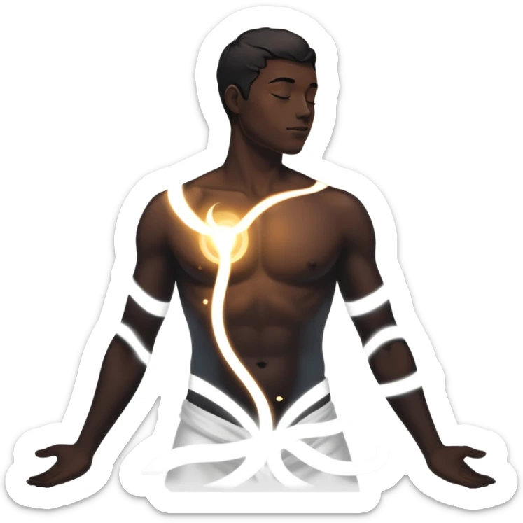 minimalist dark male silhouette with flowing black-and-white curves across the lower body, now overlaid with a small, softly glowing spark or radiant light near the chest or head — symbolizing inspiration, inner fire, and creative energy awakening” sticker