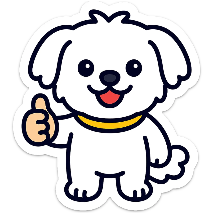 cartoon Maltese puppy giving a thumbs up, vibrant colors, outlined sticker