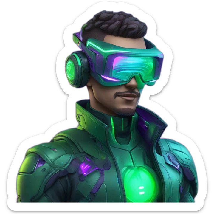 A hiperrealistc cyberwear futuristic metaverse Man playing with holograms cyberwear techwear green and purple neon perfect lights add a Futuristic cyberpunk metaverse headset sticker