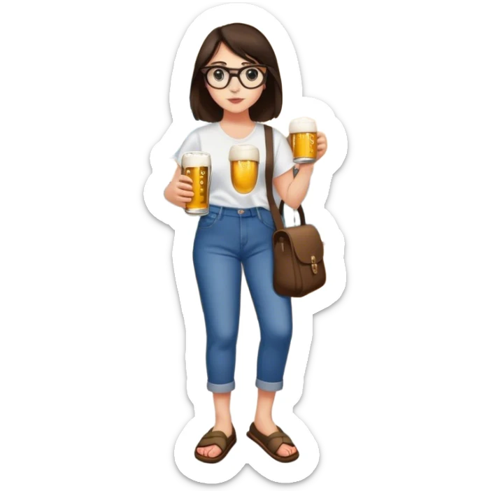 A pretty brunette in slippers, glasses, murals on her arms, a baggy school bag, drinking a beer sticker