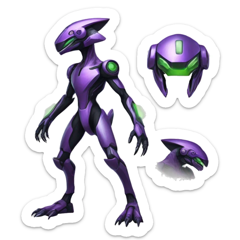 a shiny black-purple-green Genesect-Raptor-Fakémon—hybrid with a futuristic visor-helmet full body sticker