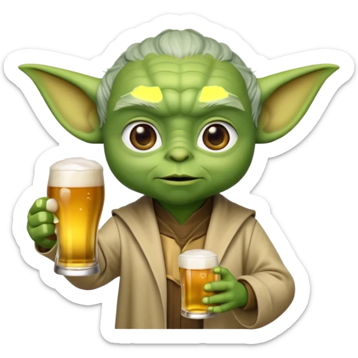 3D emoji-style Yoda head holding a beer glass in one hand. Smooth rounded shapes, soft gradients, friendly expression. Golden beer with foam in transparent glass. Close-up, centered. PNG, transparent background. sticker