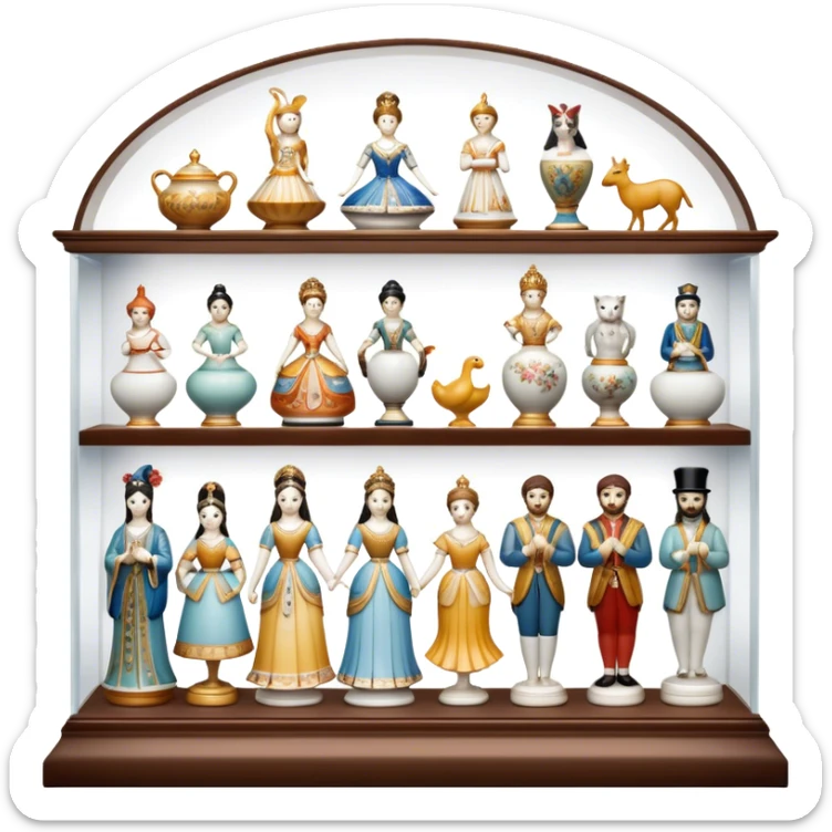 Icon for Porcelain Figurine Collecting: a collection of delicate porcelain figurines, such as animals, dancers, and historical characters, displayed on a shelf or in a display case. The icon should convey the elegance and artistry of collecting porcelain statues. Transparent background. sticker
