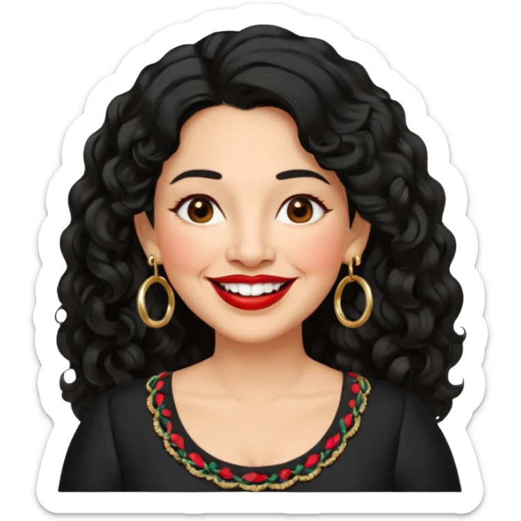 60 yr old Mexican woman, slightly chubby, wavy/curly long black hair, red lipstick, big smile, white teeth, brown eyes, hoop earings, side part to hair, round face, pretty white dress, hair side swept, big hoop earing sticker