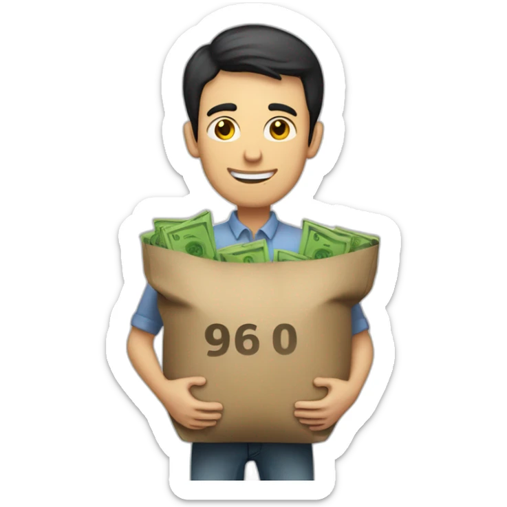 tall skinny white man with short dark hair carrying two sacks with dollar signs on them sticker