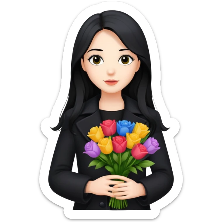 beautiful girl with long black hair wearing a black coat holding a bouquet of flowers sticker
