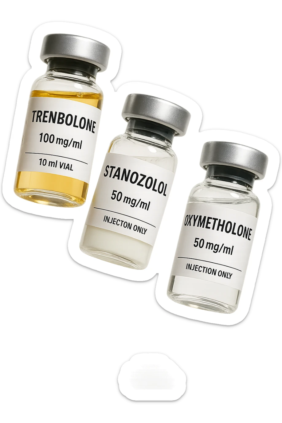FIALE MEDICHE DI Trenbolone, stanozololo, oxymetholone FLUTTUANO IN ARIA, iperrealistico 4k, isolato su sfondo bianco sticker