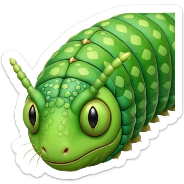 Cinematic Realistic Noble Caterpillar Portrait Emoji, Poised and serene, with a slender, segmented body covered in vivid, detailed green scales accented by subtle natural patterns, and a tiny, focused face with delicate, inquisitive eyes, rendered with lifelike texture and soft natural lighting, high shine, intelligent and delicate, styled with an air of woodland elegance, focused and attentive, soft glowing outline, capturing the essence of a watchful and confident looper caterpillar that appears ready to inch gracefully out of the screen with natural authority! sticker