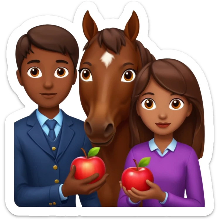 a dark skinned boy and a brown haired girl giving an apple to a horse sticker
