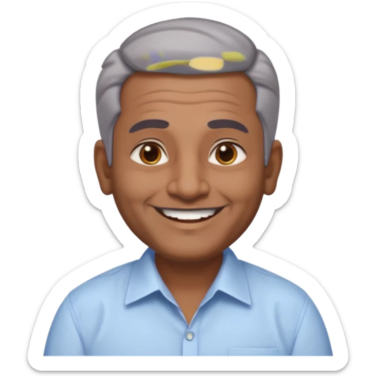 50 yr old indian man, dark skin, grey hair, big smile, white teeth, chubby, no moustache, clean shaven, young style hair, hair brushed back, 5 oclock shadow, bindy on forehead, dress shirt, forehead dot sticker