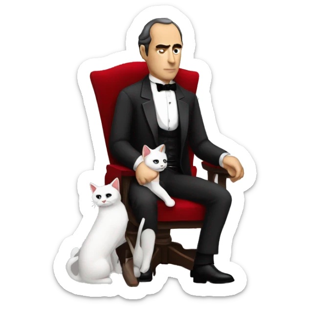 don corleone as a mafia boss sitting on a red chair petting a white cat on his lap sticker