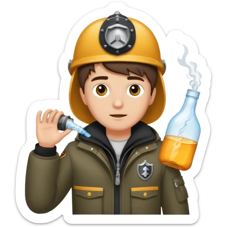 erstell ein bild Von eine jungen der braune augen hat eine sturmhaube trägt und eine Jacky flasche in der Hand hebt plus eine Jacke mit schwarzen fell sticker