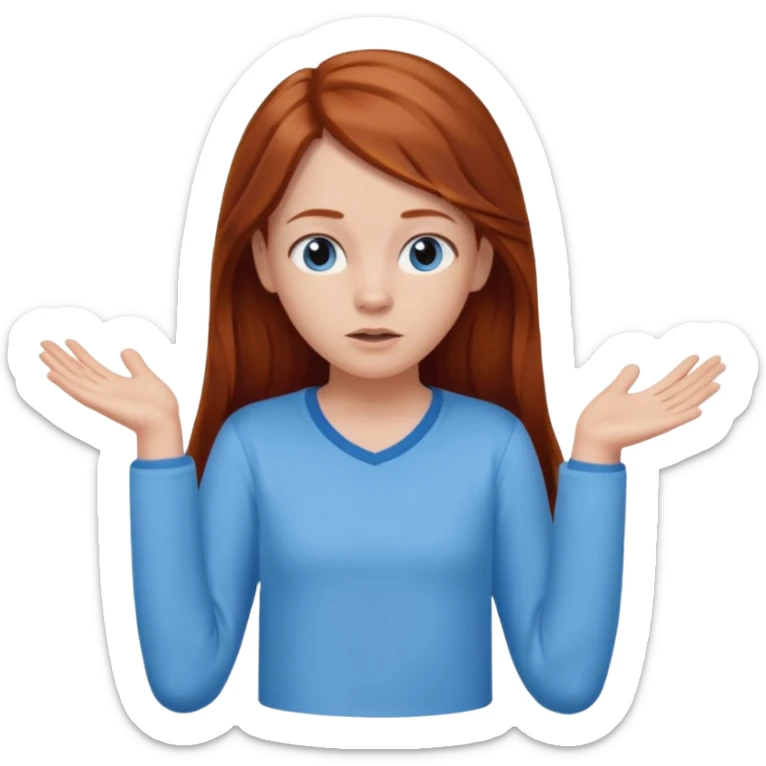 shrugging emoji tween long auburn hair light blue shirt with a darker blue L sticker