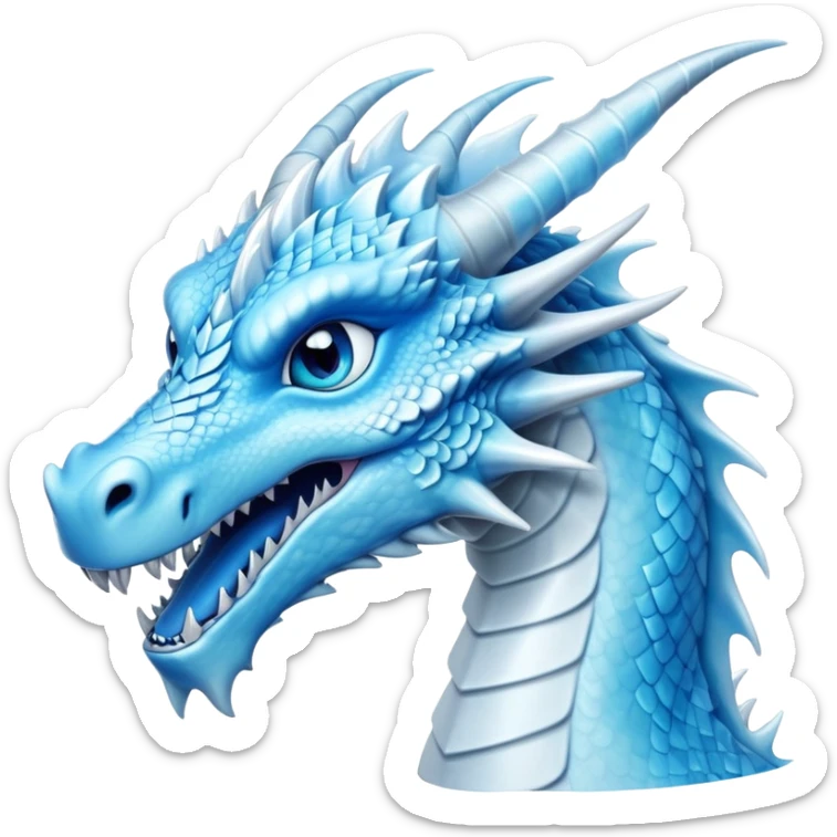 Cinematic Noble elegant Ice Dragon Portrait Emoji, Poised and imposing, distinct long elegant snout, with a slender, scaled body shimmering in glacial hues of icy blue, frostbitten silver, and crystalline white, breathing out frost, with piercing, glowing blue eyes that radiate the chilling depths of an arctic storm; rendered in detail. sticker