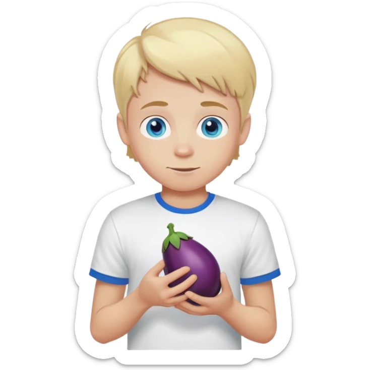 blonde boy with blue eyes with t shirt "I love Marek" and eggplant sticker
