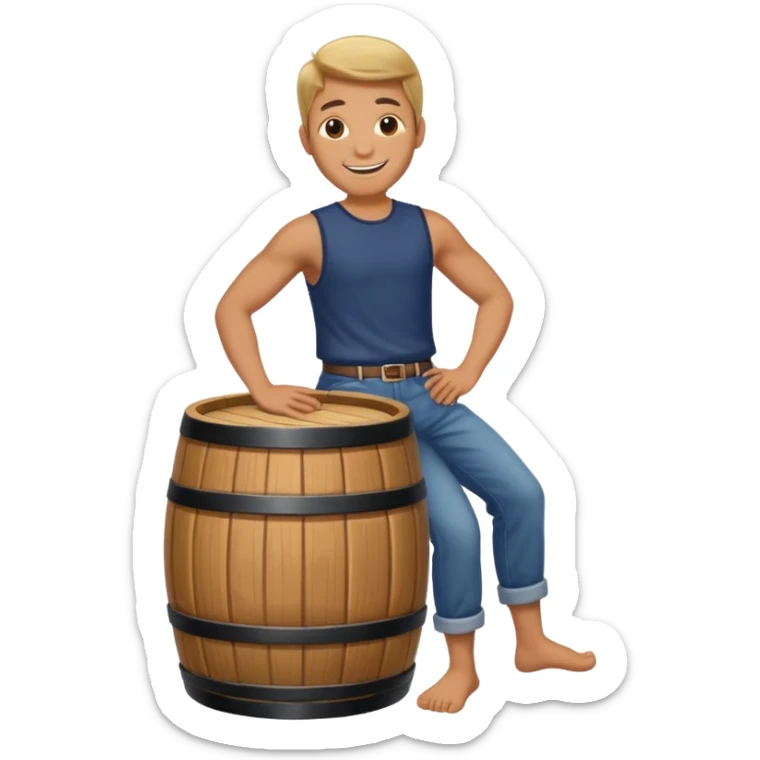 Make him stand up with 1 foot on top of the barrel sticker