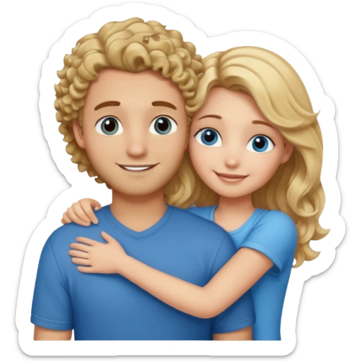 blonde girl with straight hair and medium toned guy with brown curly hair hugging sticker