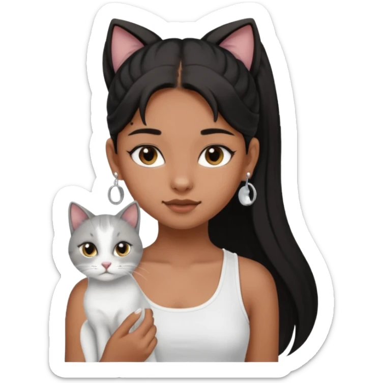 An brown skin Teenager girl with brown eyes, long black hair in one high ponytail, with a white crop top holding her grayish-white cat, and small silver earrings sticker
