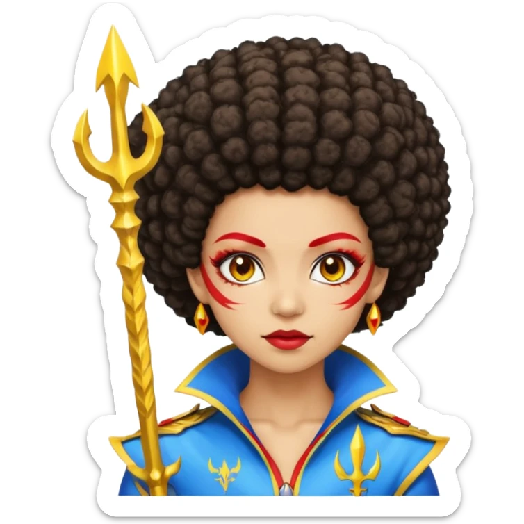 Emoji metisse femboy mais plus masculin avec drapeau ukrainien arriere plan, un afro, sourcils rouge, fourche trident, et eclairs et sur fond bleu clair irrisé. Peau lightskin, yeux marron et cheveux marron bouclés mais en mode afro pixi cut sticker