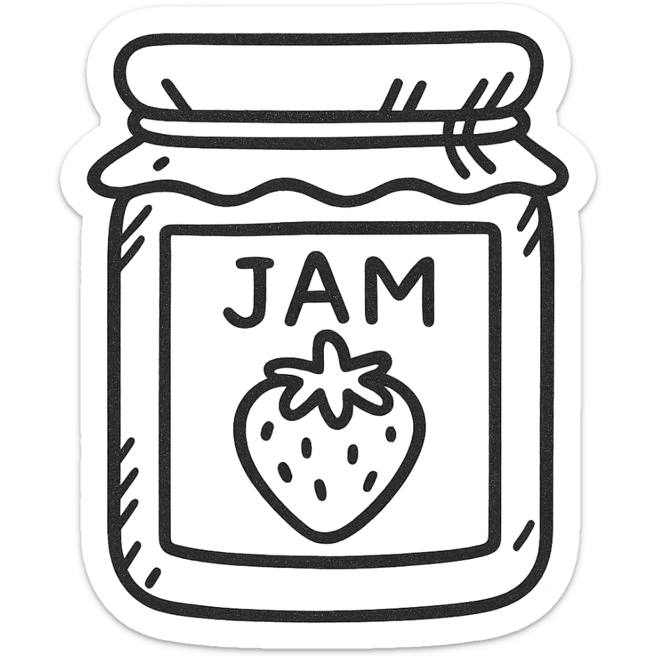 Add a label to the jar of strawberry jam in the hand drawn black outline style, with no background. sticker