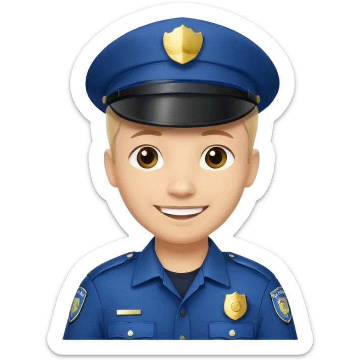 This is a cartoon-style avatar of a police officer with light skin, wearing a dark blue cap featuring a silver badge, and showing a smile expression. sticker