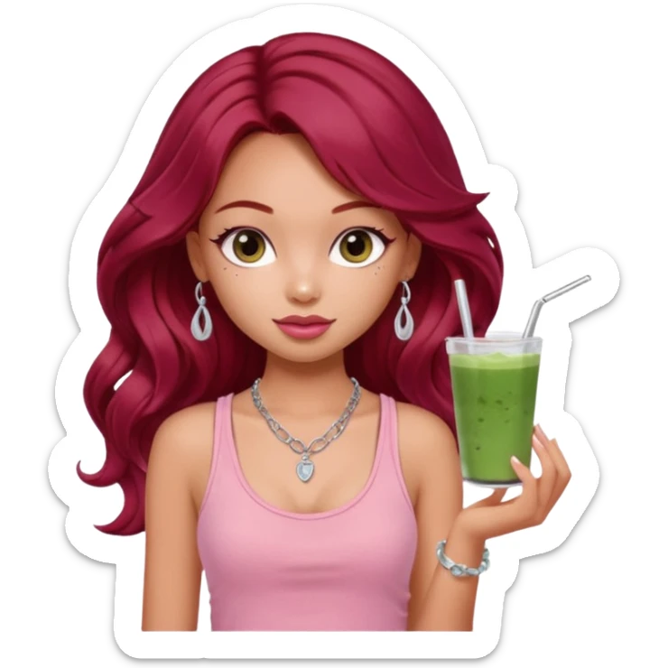 a pretty fair bratz girl with wavy dark red hair, wearing a pink tank top . silver dainty layered necklaces, carrying a matcha sticker