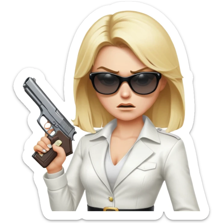 Mafia blondes angry woman in sunglasses, gun ,money , white costume  sticker