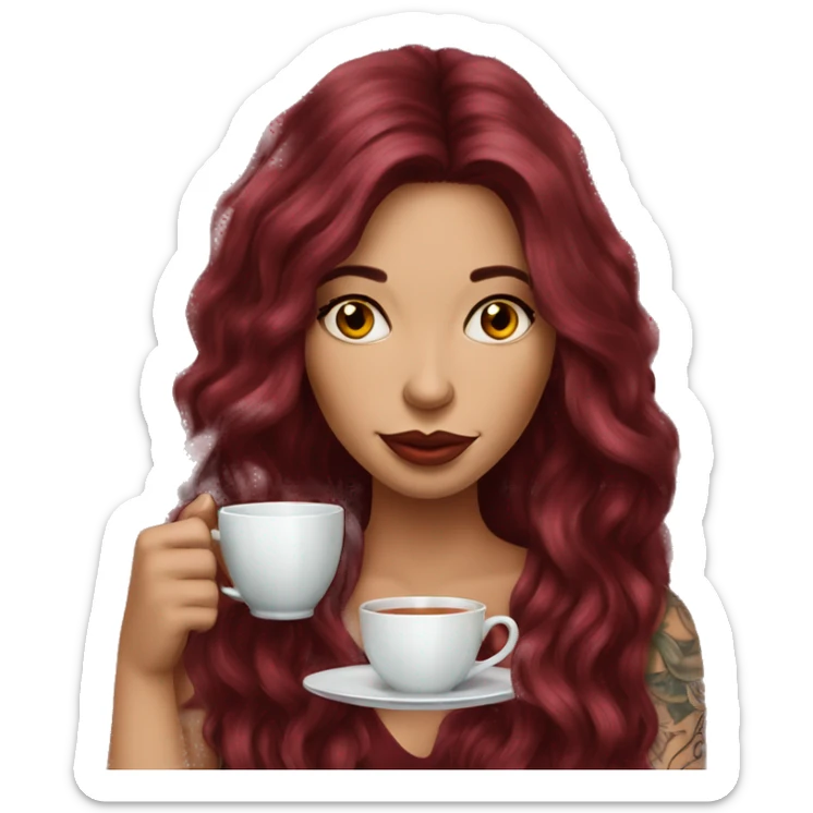 Beautiful tattooed  burgundy long haired woman sipping tea sticker