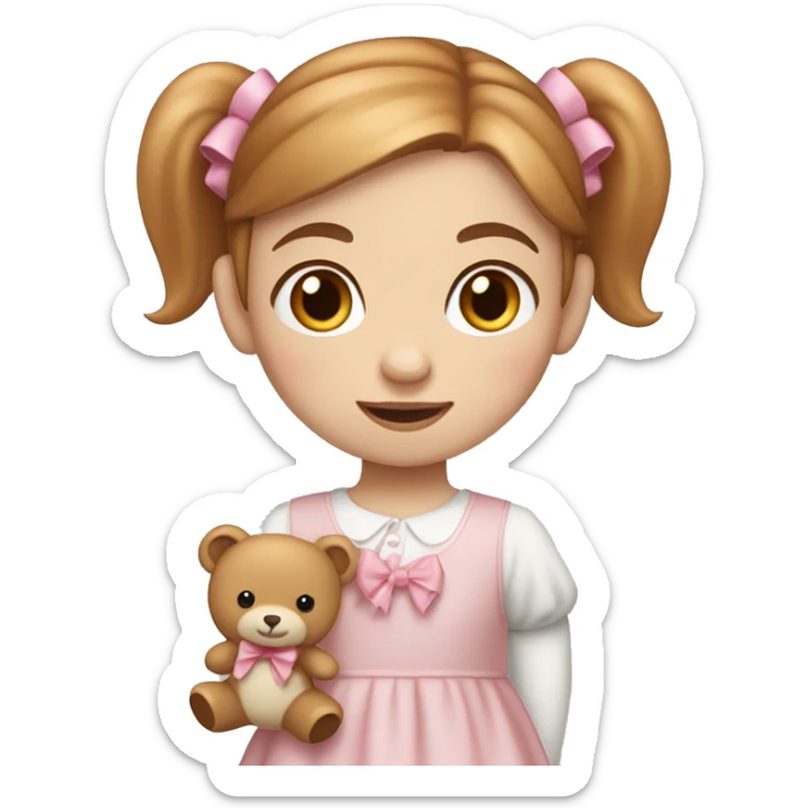 Little Girl with White skin, blue eyes. Light brown and red hair in two ponytails, with light pink bows.  She is wearing a light pink and White dress, standing and holding a teddybear with a pink bow. sticker