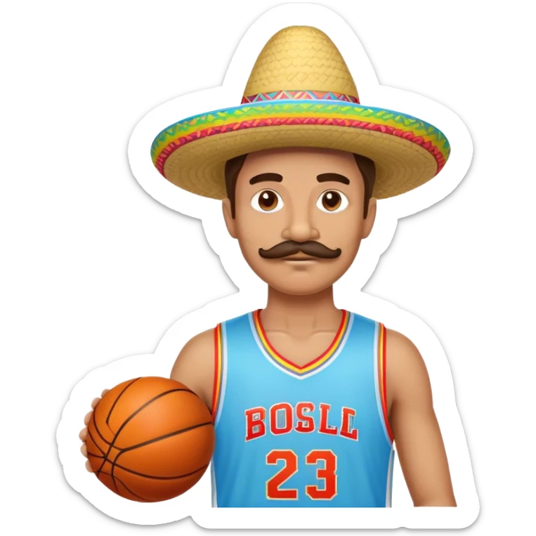 Wearing a fake mustache, a colorful sombrero, and a light blue basketball jersey sticker