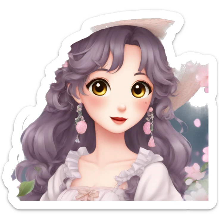 Gorgeous anime style lady with blushing face and accessories cottagecore fairycore Kawaii anime colorful pearly romantic aesthetic trending style sticker