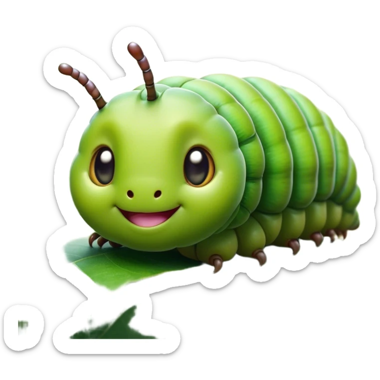 Cinematic Realistic Cute Caterpillar Portrait Emoji, Head tilted playfully and inquisitively, featuring a compact, segmented body in bright, vibrant green with delicate, inviting textures and a charming, rounded face with sparkling eyes full of curiosity, rendered with lifelike detail and natural highlights, high shine, affectionate and spirited, styled with a touch of garden whimsy, soft glowing outline, capturing the essence of a mischievous yet lovable caterpillar that seems poised to crawl cheerfully into your arms! sticker